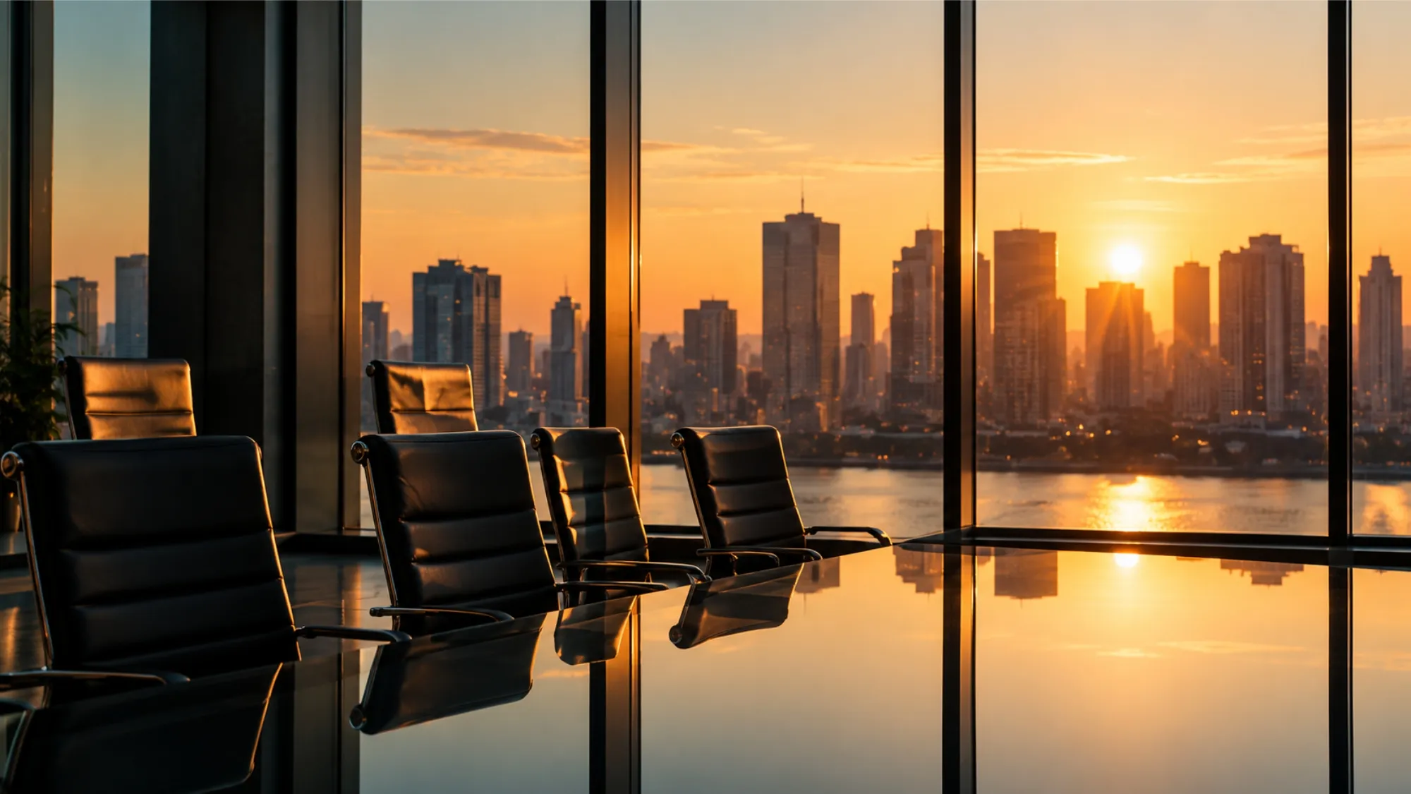 Sala de reuniões corporativa com vista urbana