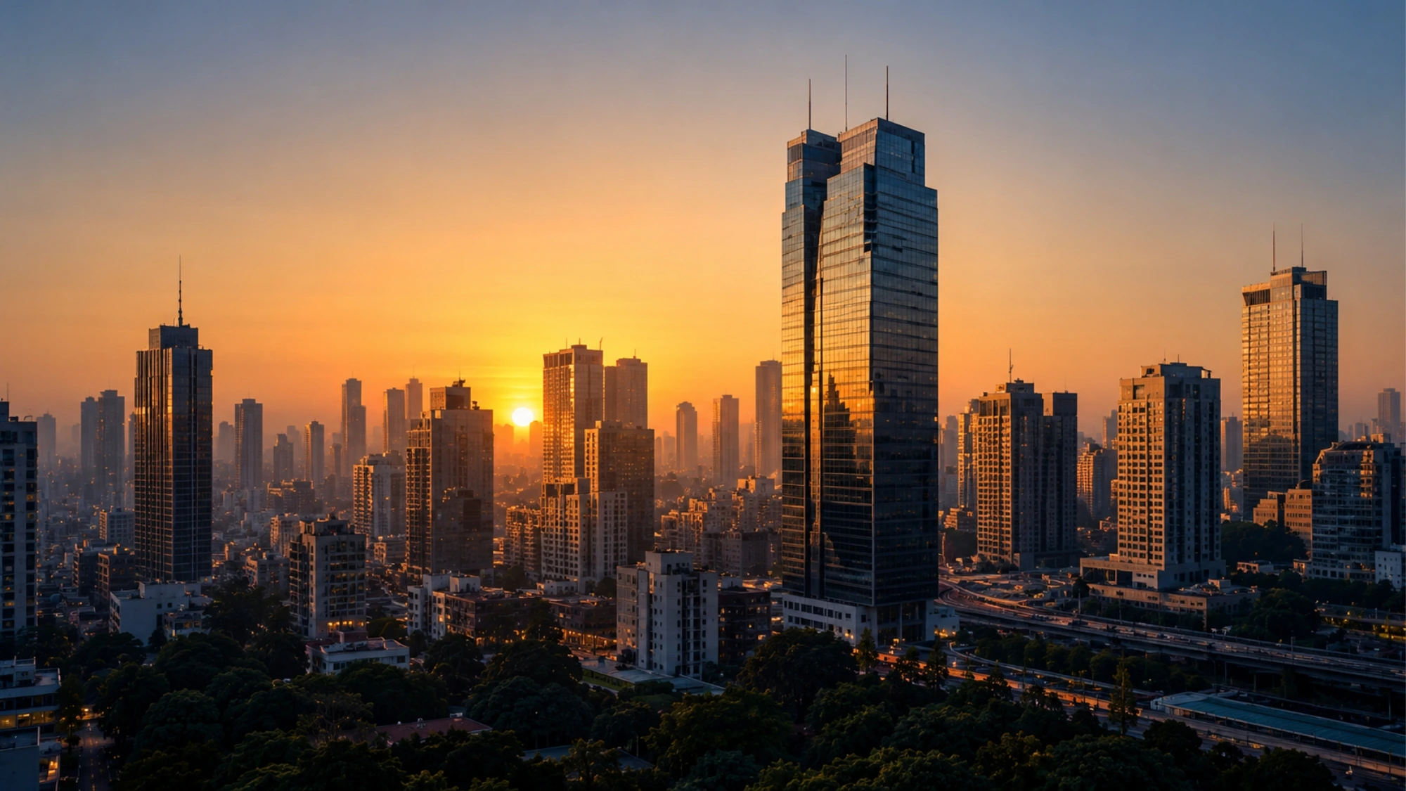 Centro financeiro ao pôr do sol